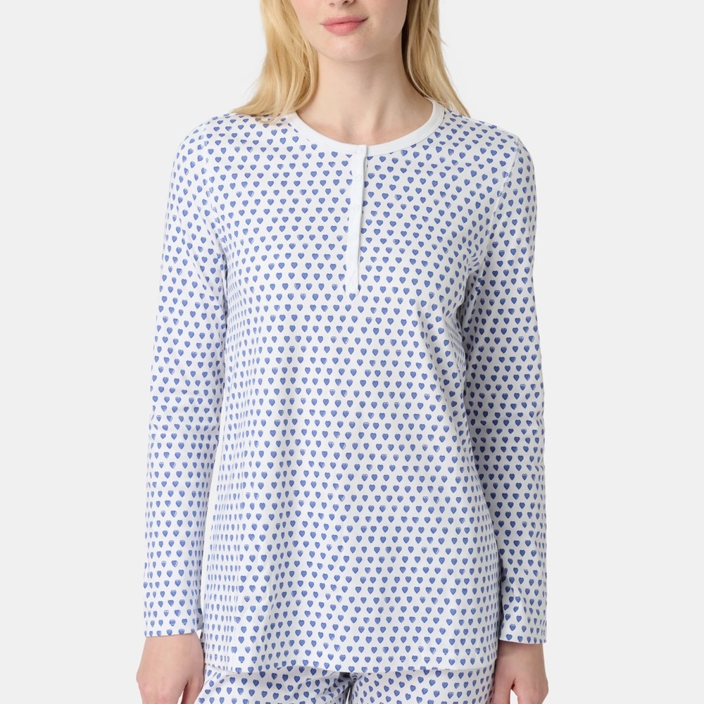 Roller Rabbit Blue Heart Long Sleeve Pajama Top Large 100% Pima Cotton
